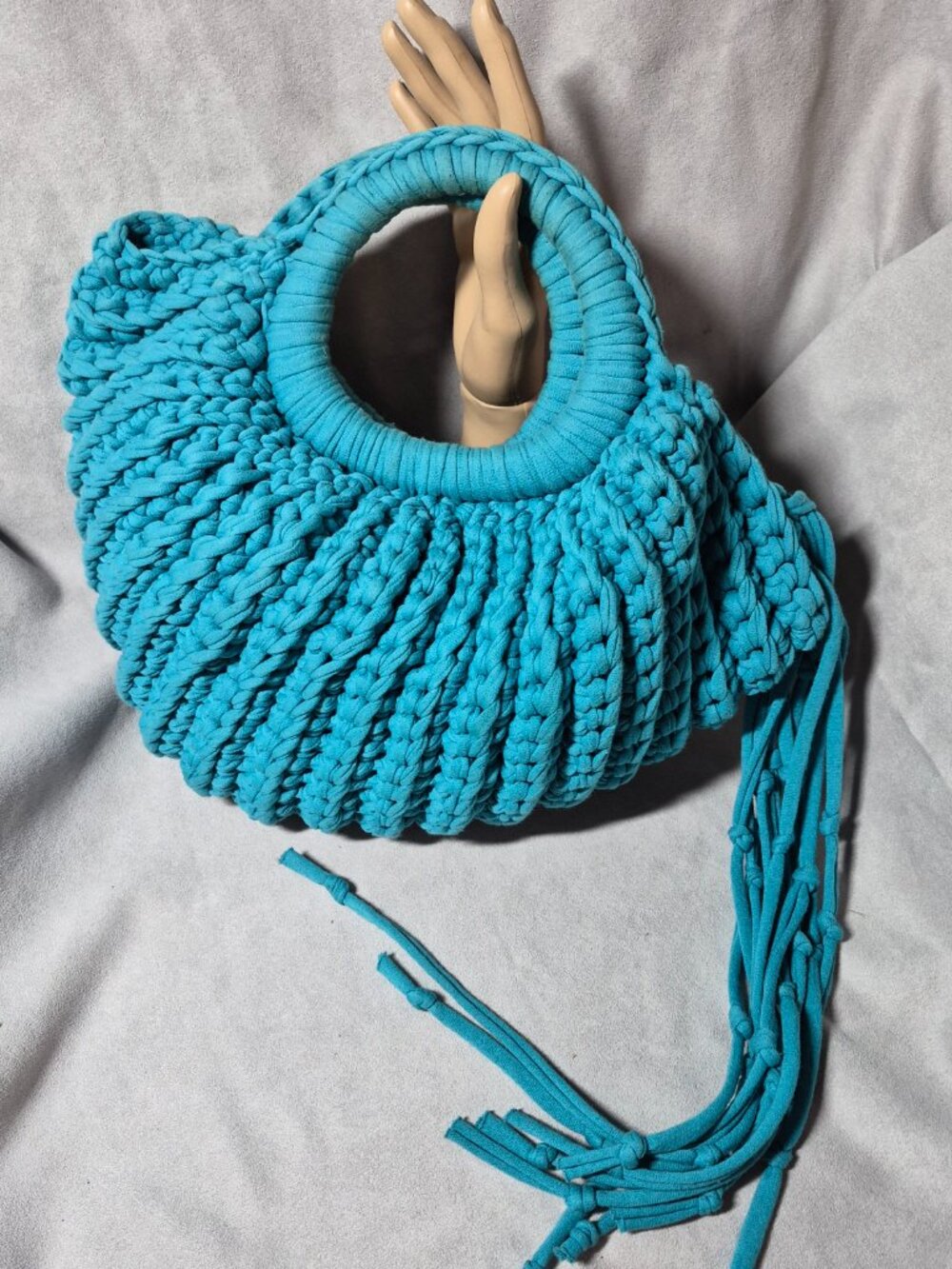 One of a Kind Handmade Teal Blue Seashell Crochet Purse with Fringe Accents